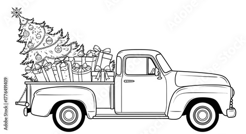 Black and white illustration of a vintage pickup truck carrying a Christmas tree and wrapped gifts.