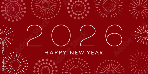 Happy new year 2026 with festive fireworks and celebratory design on a red background