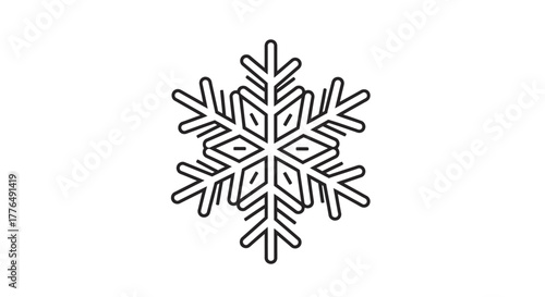 Black outline of a symmetrical six-pointed snowflake icon on a white background.
