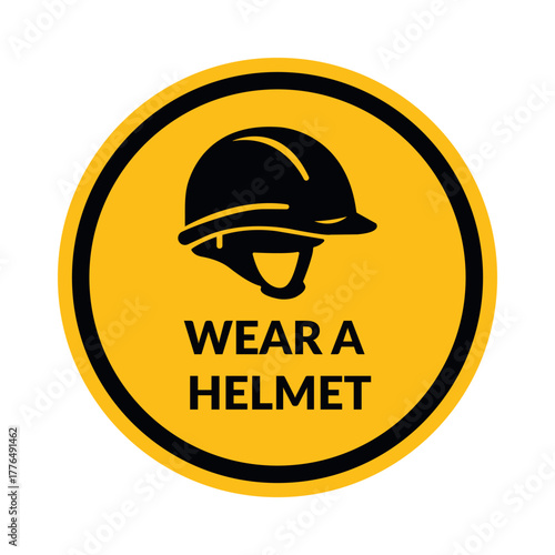  Safety helmet vector flat circle sign on white background. Wear a helmet icon silhouette or protective hat. Build and conctruction poster design.