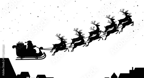 Silhouette of Santa Claus flying in his sleigh with reindeer over rooftops on a starry night.