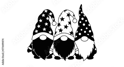 Three cute gnomes with patterned hats and beards in black and white.