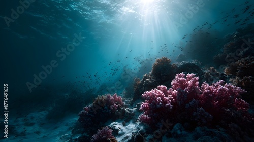 Fototapeta Naklejka Na Ścianę i Meble -  A vibrant coral reef ecosystem bathed in ethereal sunlight beams with schools of small fish swimming in the deep blue ocean waters