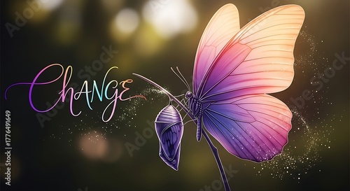 Vibrant butterfly, chrysalis, and 'Change' typography with sparkles