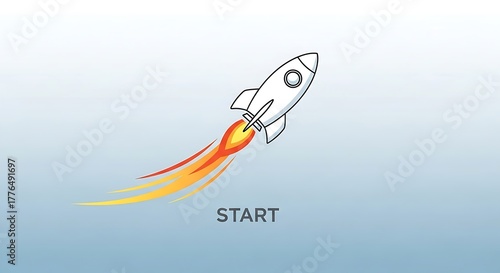 Cartoon rocket launching with START text, business concept