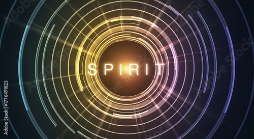 Glowing 'SPIRIT' text surrounded by vibrant abstract digital rings