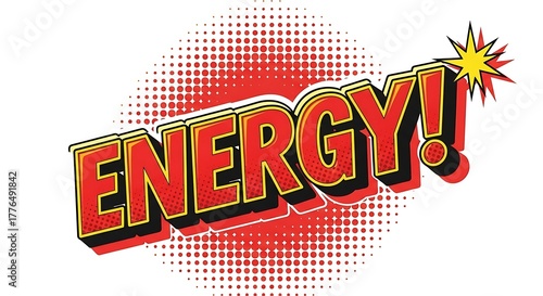 Vibrant pop art comic style text with exclamation mark ENERGY