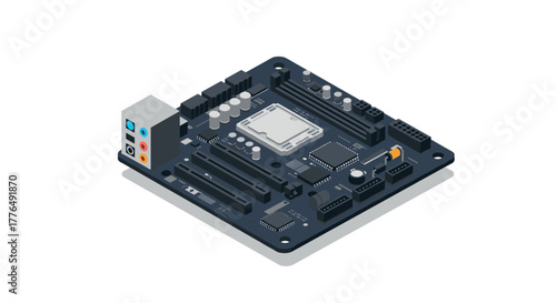 Isometric computer motherboard with cpu socket and ports on white background