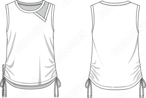 Sleeveless top fashion sketch, technical garment illustration, asymmetric neckline, side ruching, drawstring hem, front and back view, apparel design