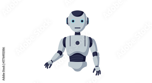 Friendly robot character with artificial intelligence elements on white background