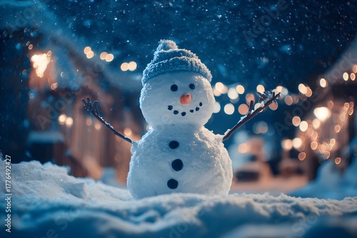 Smiling Snowman Wearing Hat in Foreground with Warm Bokeh Lights at Night Christmas Winter Scene Concept for Greeting Card and Festive Background