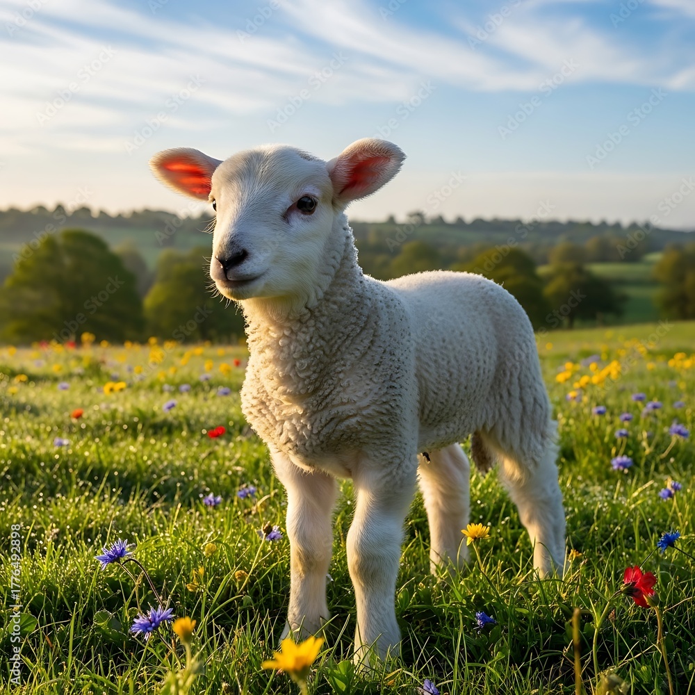 Fototapeta premium Adorable Lamb in a Spring Meadow.