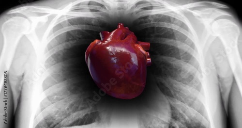 Heart pumping inside chest x-ray then close-up vein with viruses. Medical and health related 3D animation. 