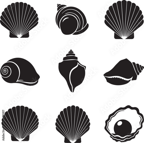 Collection of Black Seashell Silhouettes on White Background