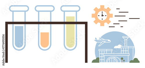 Three test tubes in a rack, gear with a clock, and an airport scene with a flying plane. Ideal for science, research, innovation, global travel, technology logistics and time management themes. A