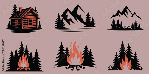 Forest cabin vector with glowing campfire mountains and night sky perfect for camping travel and nature design