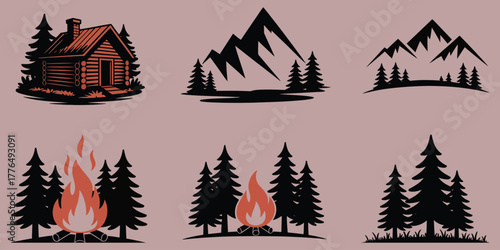 Forest cabin vector with glowing campfire mountains and night sky perfect for camping travel and nature design