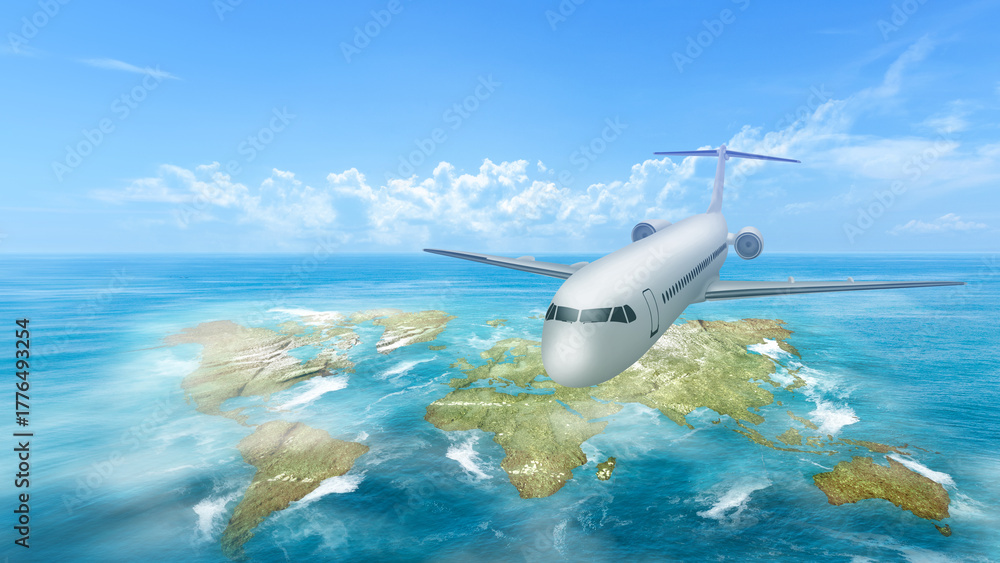 Fototapeta premium Airplane flying in the sky above the ocean with cloudscapes background. Travel by airplane concept
