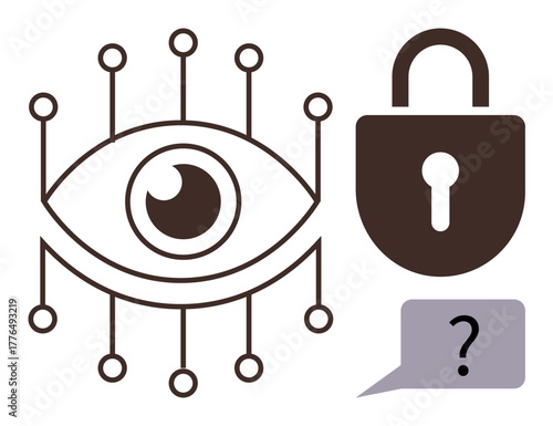 Eye surrounded by digital nodes, padlock, and speech bubble with question mark. Ideal for cybersecurity, digital privacy, internet safety, data protection, ethical AI, surveillance access control