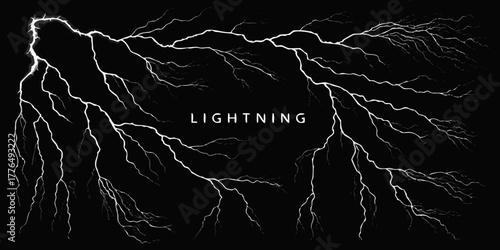 Dramatic white lightning bolts crackling across a dark black background with the word lightning in the center