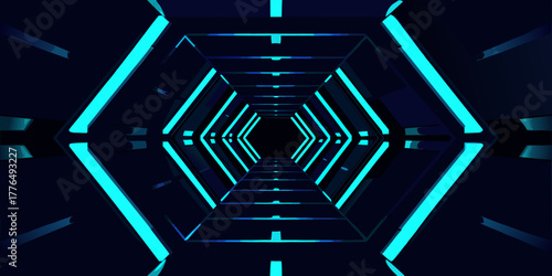 Futuristic hexagonal tunnel with glowing cyan neon lights and dark background