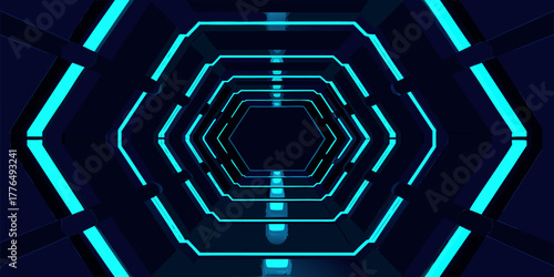 Futuristic hexagonal tunnel with cyan neon lights and dark background
