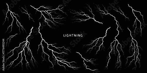 Collection of white lightning bolts and thunder strikes on a black background