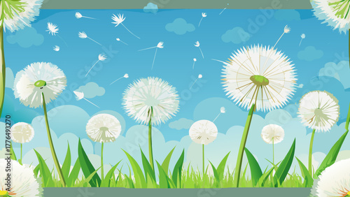 Vector illustration of a serene spring background featuring white dandelions releasing seeds into the air above fresh green grass under a soft pastel blue sky