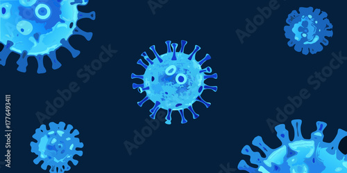 Abstract blue virus particles floating in dark blue background scientific illustration