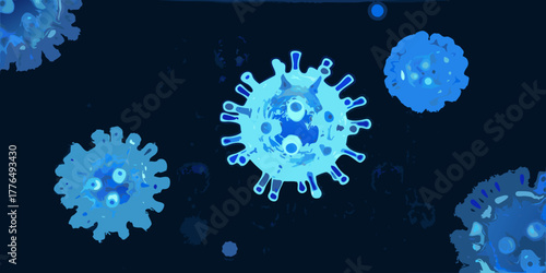 Abstract blue virus particles floating in dark space with a textured background