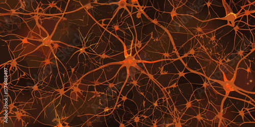 Abstract illustration of interconnected neurons firing with glowing orange energy on a dark background