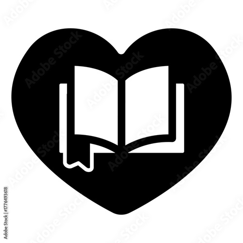 Book with bookmark on heart solid icon, book festival concept. Vector graphics. Heart shape with textbook, favorite sign on white background, style icon mobile or web design.