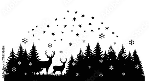 Black silhouette of two deer in a snowy pine forest during a winter snowfall.