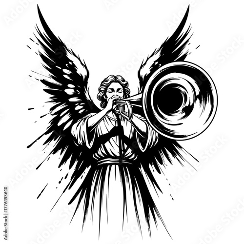 Expressive black and white angel with ink splatter wings playing a powerful trumpet