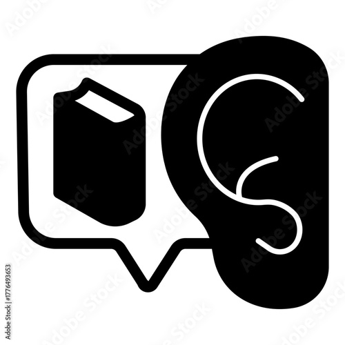 Human ear and textbook popup bubble solid icon, book festival concept. Vector graphics. Reader rumors of success book, reading sign on white background, style icon mobile or web design.