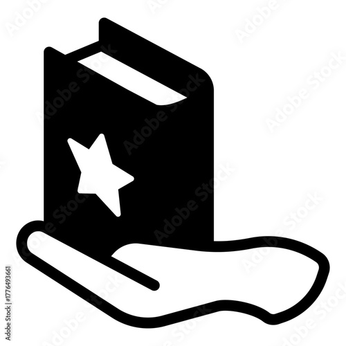 Hand and bestseller book solid icon, book festival concept. Vector graphics. Book with star in hand, famous author story sign on white background, style icon mobile or web design.