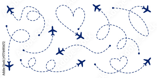Abstract airplane icons forming flight path line art, isolated on a transparent background. Downloadable graphics for travel, aviation, and navigation design. PNG and vector illustration
