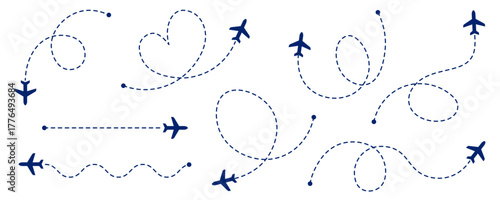 Airplane flight paths vector illustration isolated on a clean background. Collection of dashed flight line paths and aircraft silhouettes. Perfect for travel, aviation, and transportation designs