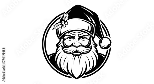 Black and white vintage illustration of Santa Claus face with beard and hat, framed in a circle.