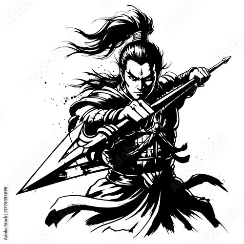 A powerful warrior with a determined expression, holding a large spear. Black and white ink style with dynamic brushstrokes and flowing hair