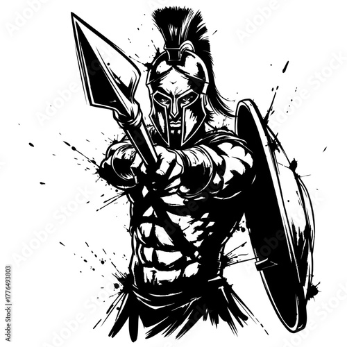 A muscular Spartan warrior in a Corinthian helmet and armor, aiming a spear forward. Black and white graphic illustration with a fierce expression and dynamic ink splatters