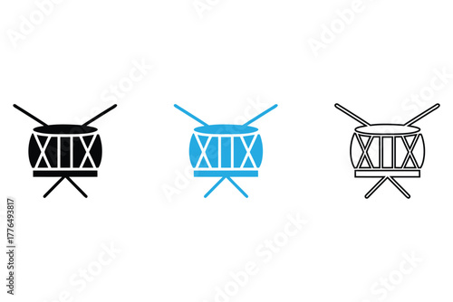 drum icons, drum sticks symbol wooden drum vector icon silhouette and line art