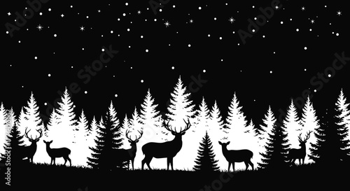 Silhouette of a deer herd in a snowy coniferous forest under a starry night sky.