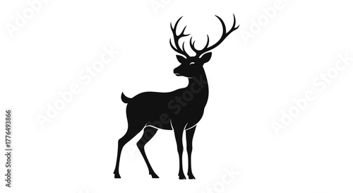 A striking black silhouette of a majestic stag with large antlers stands proudly against a clean white background.