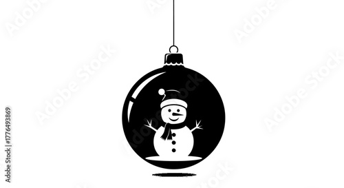 A black and white illustration of a Christmas ornament with a snowman inside, hanging.
