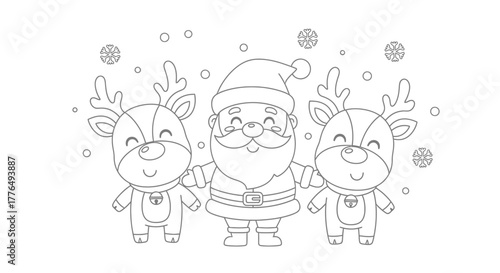 A cute coloring page featuring Santa Claus standing between two adorable reindeer with snowflakes falling around them.