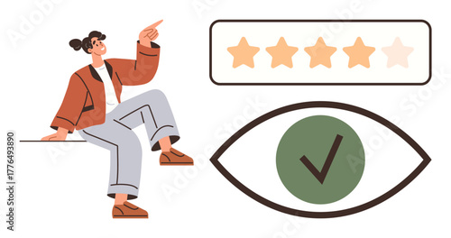 Person gesturing toward a star rating scale with five stars, large eye with checkmark. Ideal for feedback, evaluation, quality assurance, user experience, product review, trust, simple flat metaphor
