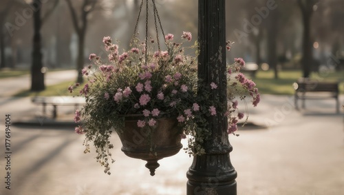 Hanging Flower Basket Adorns a Lamp Post in a Serene Park Setting.