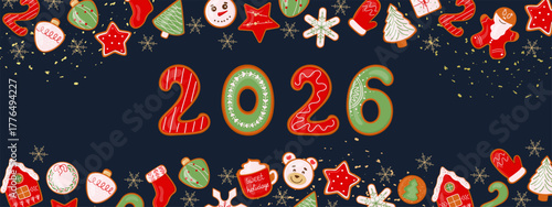 Festive banner with frame of gingerbread cookies and snowflakes Winter New Year 2026 numbers decorated with icing. Sweet festive design with aroma of holidays and home coziness for Christmas print