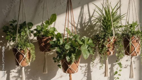 Hanging plants in macrame pots, creating a beautiful indoor garden.